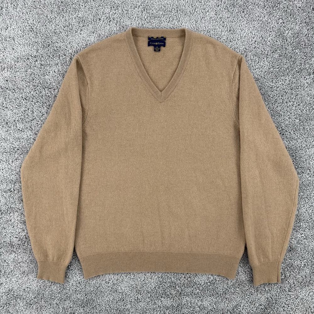 Club Room Estate 2-Ply 100% Cashmere Sweater Men's M Beige V-Neck Quiet Luxury